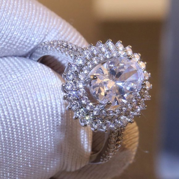 NEW Silver Oval Diamond Double Halo Ring 5 - Picture 3 of 7